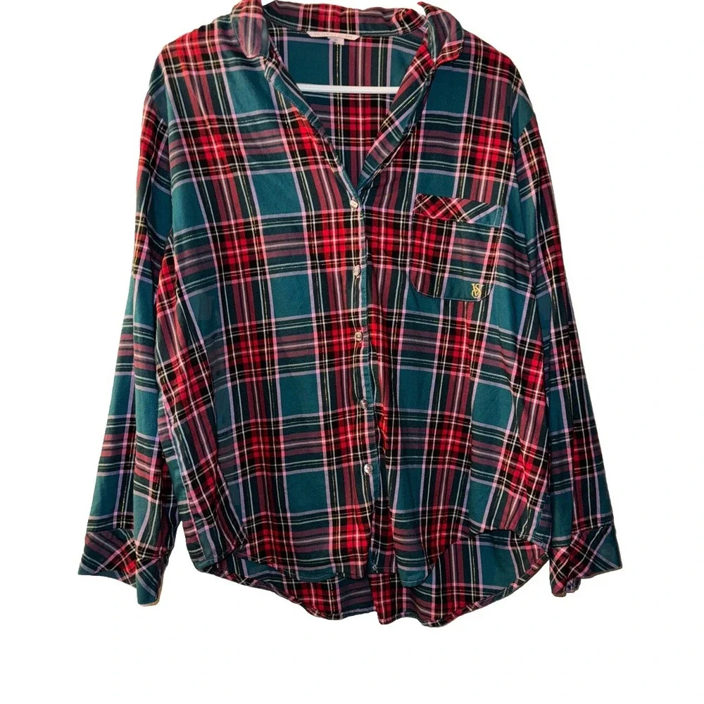 Victoria's  Secret Flannel Pajama 2 Pc Tartan Holiday Plaid Gold Cozy Warm Sz L